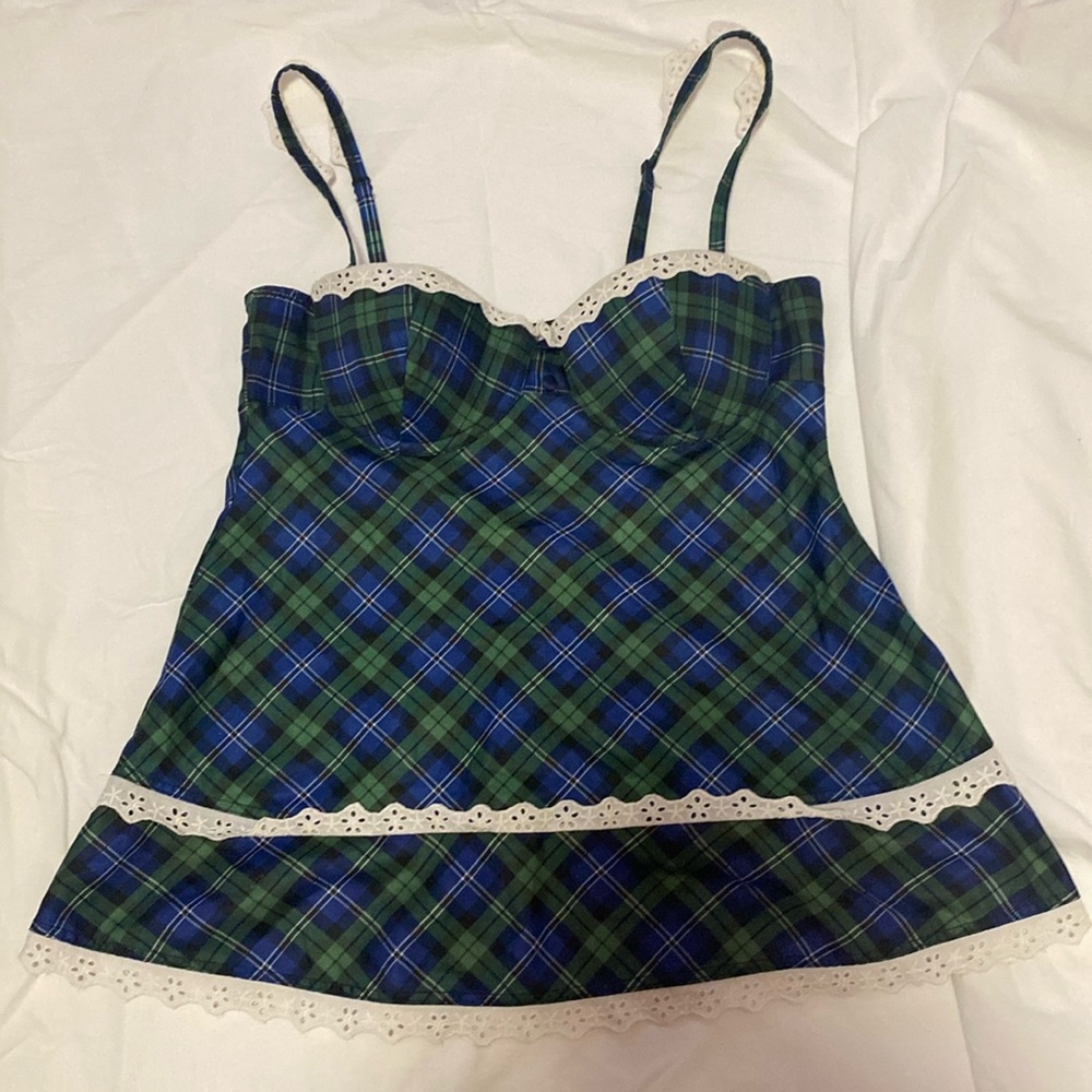 Blue green plaid babydoll top. Size small/34b